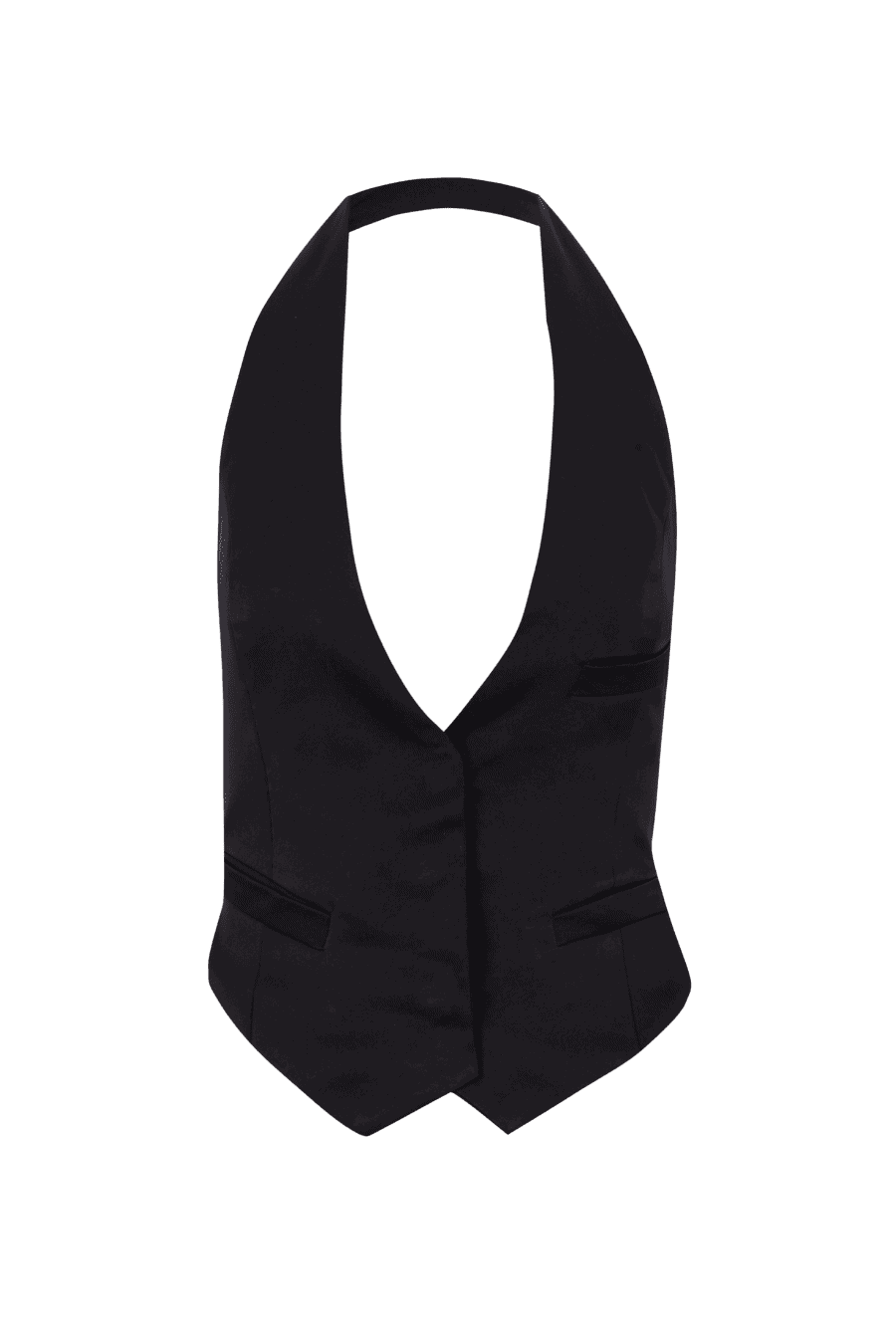 Chaleco negro de escote profundo con diseño entallado y solapas anchas, rematado con bolsillos decorativos de vivo que aportan un toque clásico y elegante