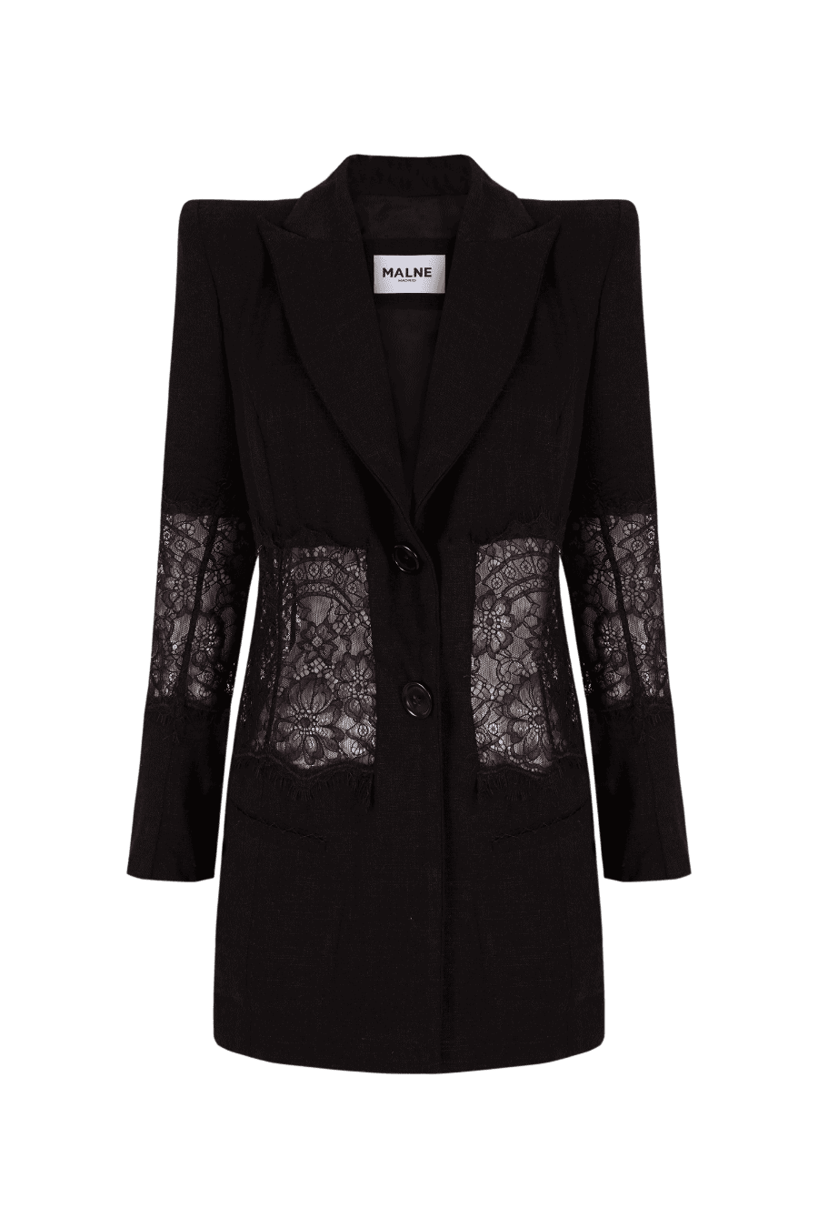 blazer-de-lino-y-encaje-manga-larga Americana negra estructurada con detalles de encaje floral en cintura y mangas
