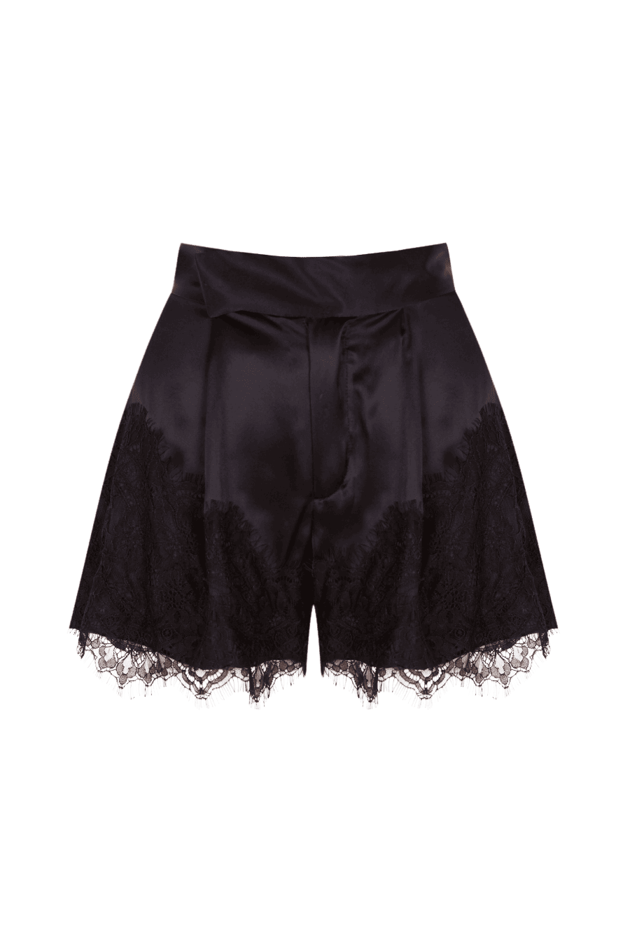 33 Shorts de satén negro con delicados detalles de encaje, que combinan elegancia y un toque sensual en un diseño sofisticado y femenino