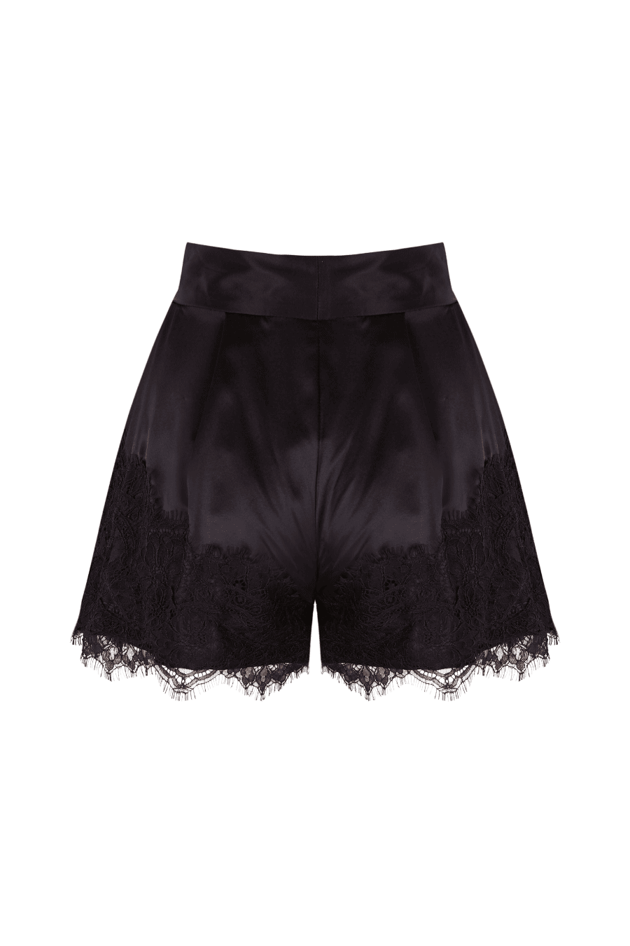 Shorts negros de satén con delicados bordados de encaje en el bajo, que aportan un toque sofisticado y femenino a un diseño elegante y versátil