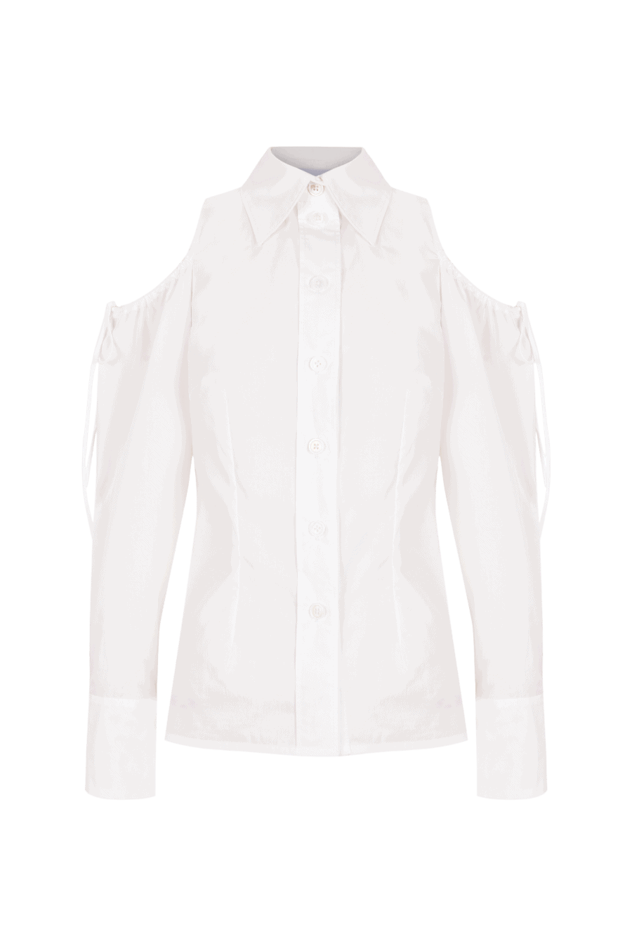 Camisa blanca de corte entallado con diseño de hombros descubiertos y detalle de lazos en las mangas, combinando elegancia clásica con un toque moderno y femenino