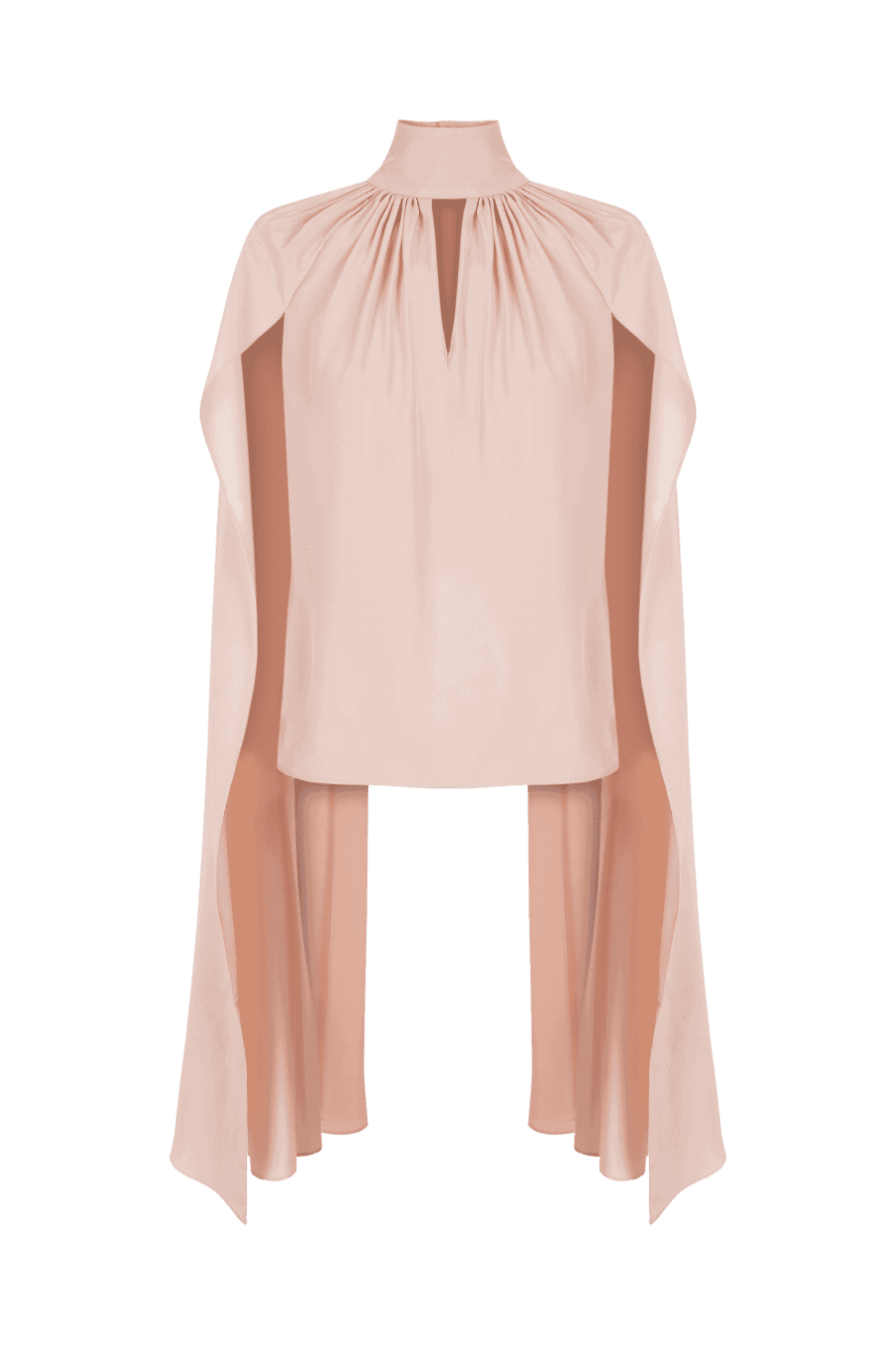 TOP-MANGAS-CAPA-MF Blusa fluida en tono rosa empolvado con diseño de capa y cuello subido