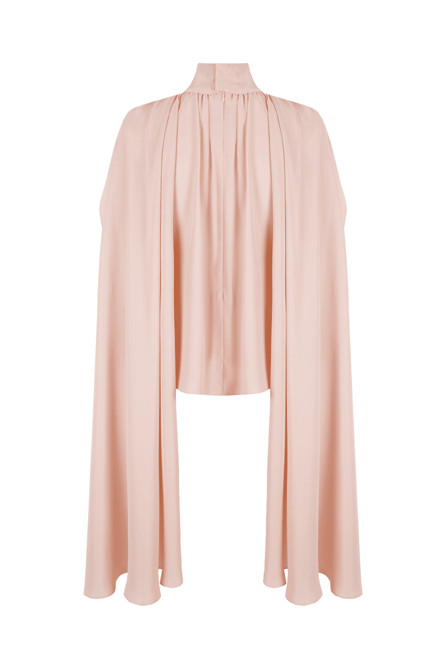 Vista trasera de la blusa en tono rosa empolvado con cuello alto y mangas tipo capa