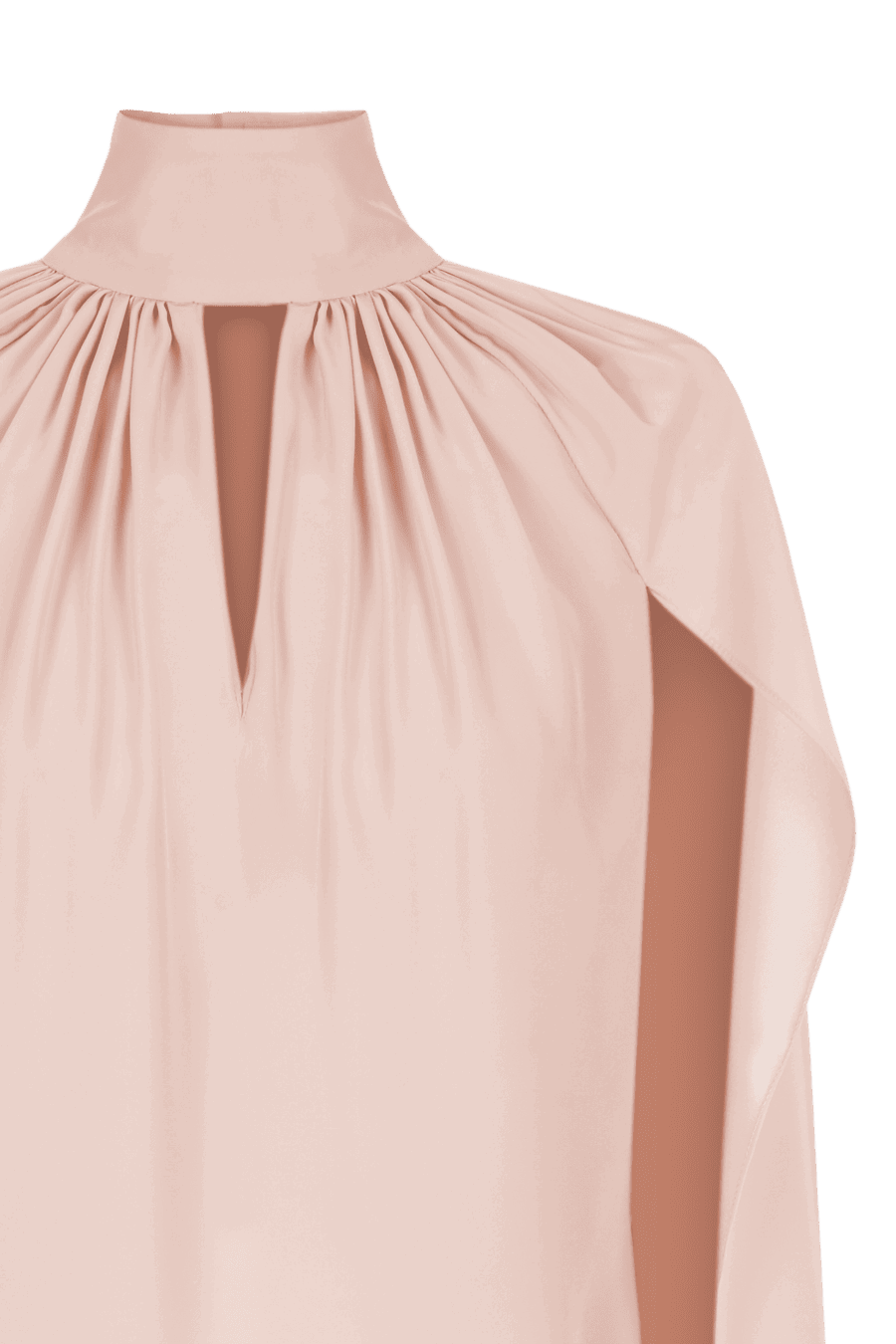 Detalle del escote y el cuello alto de la blusa rosa empolvado