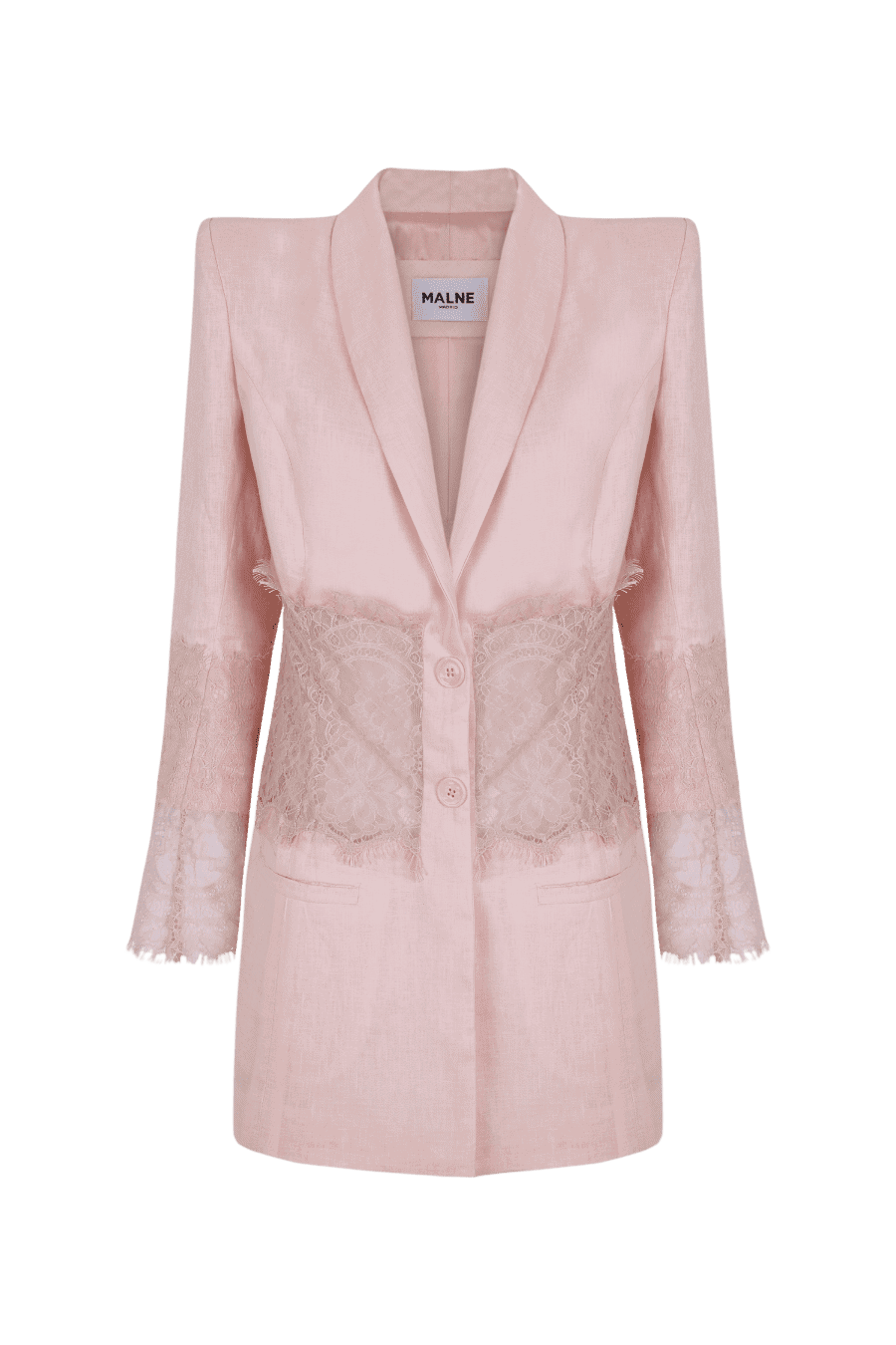 Blazer lino y encaje manga francesa – Mar Flores x Malne Americana rosa empolvado de silueta estructurada, realzada con delicados paneles de encaje floral en cintura y mangas