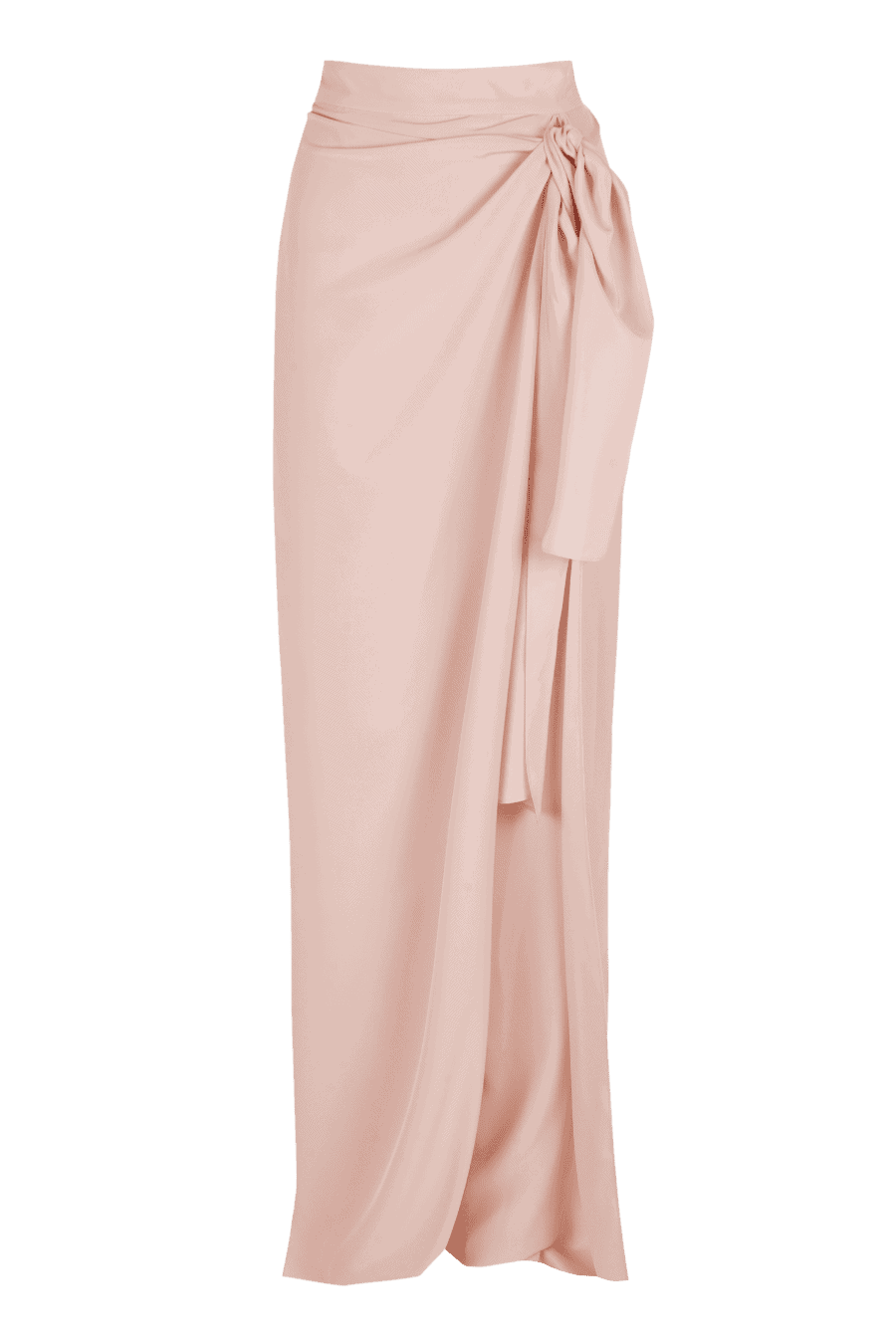 Falda larga en satén rosa empolvado con efecto pareo y drapeado lateral anudado. Un diseño fluido y femenino que resalta la silueta con elegancia sutil