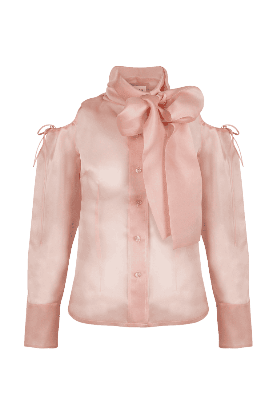 camisa-de-organza-100-SE Blusa de seda rosa con lazo XL al cuello y hombros descubiertos con lazadas