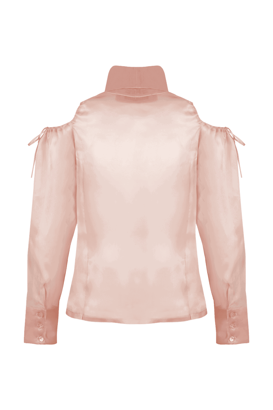 Espalda limpia y delicada en esta blusa de seda rosa, que destaca por su corte ceñido y hombros descubiertos con lazadas, aportando un equilibrio perfecto entre sensualidad y sofisticación