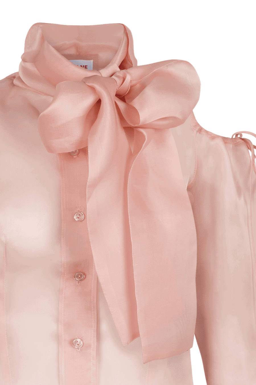 Detalle del cuello lazada en gasa de seda, que aporta un toque romántico y femenino a esta blusa de hombros descubiertos, ideal para elevar cualquier look con sofisticación y delicadeza