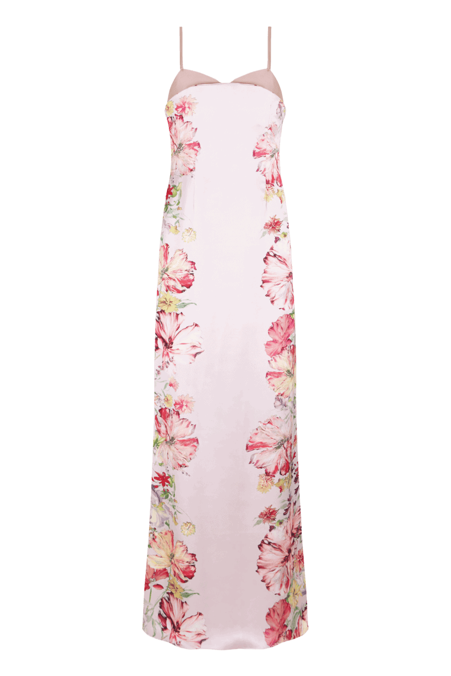 Long dress with thin straps and sweetheart neckline, made in satin with floral print in pink and green tones.