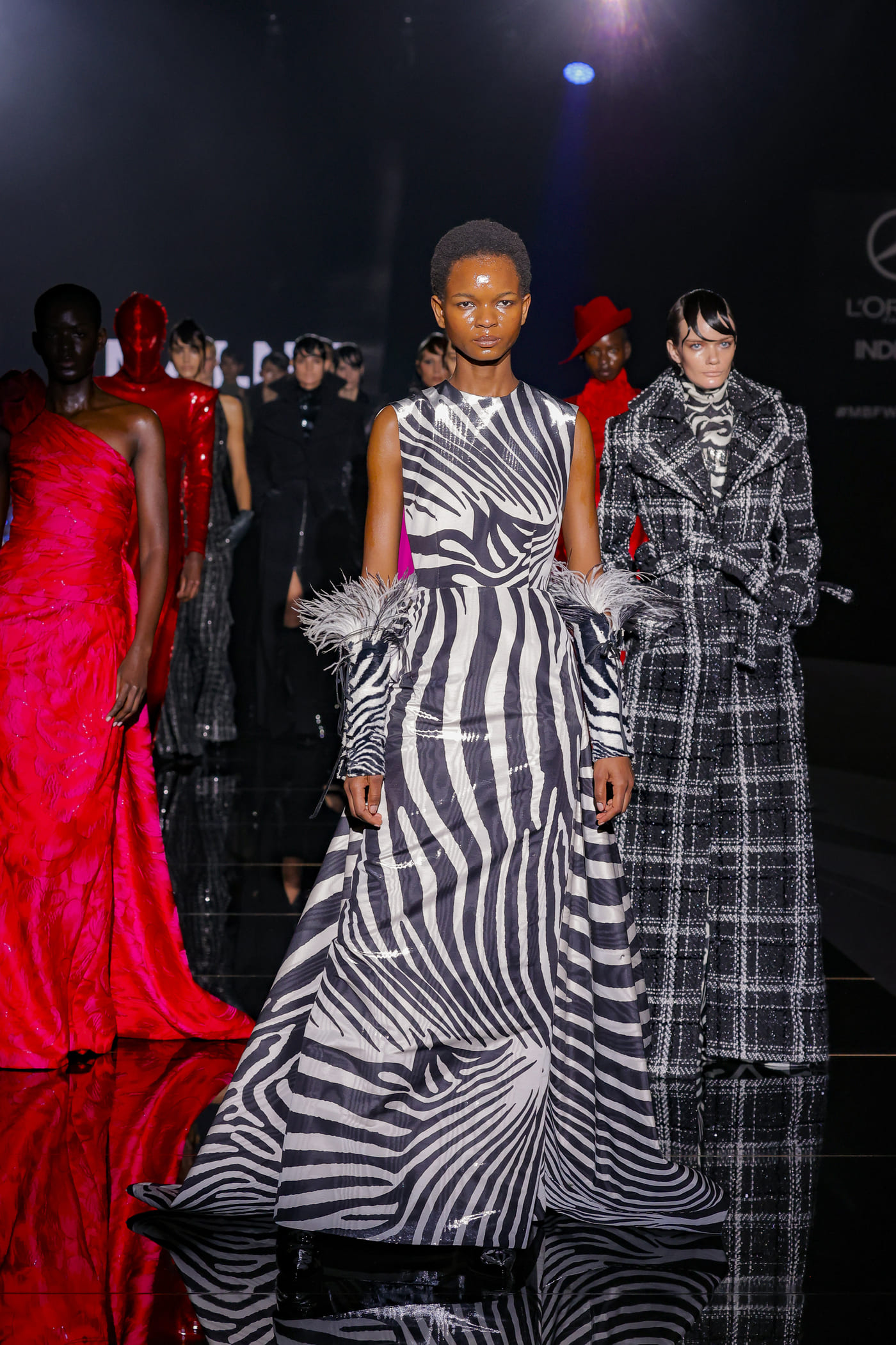 model catwalk in different zebra, floral and stripe styles