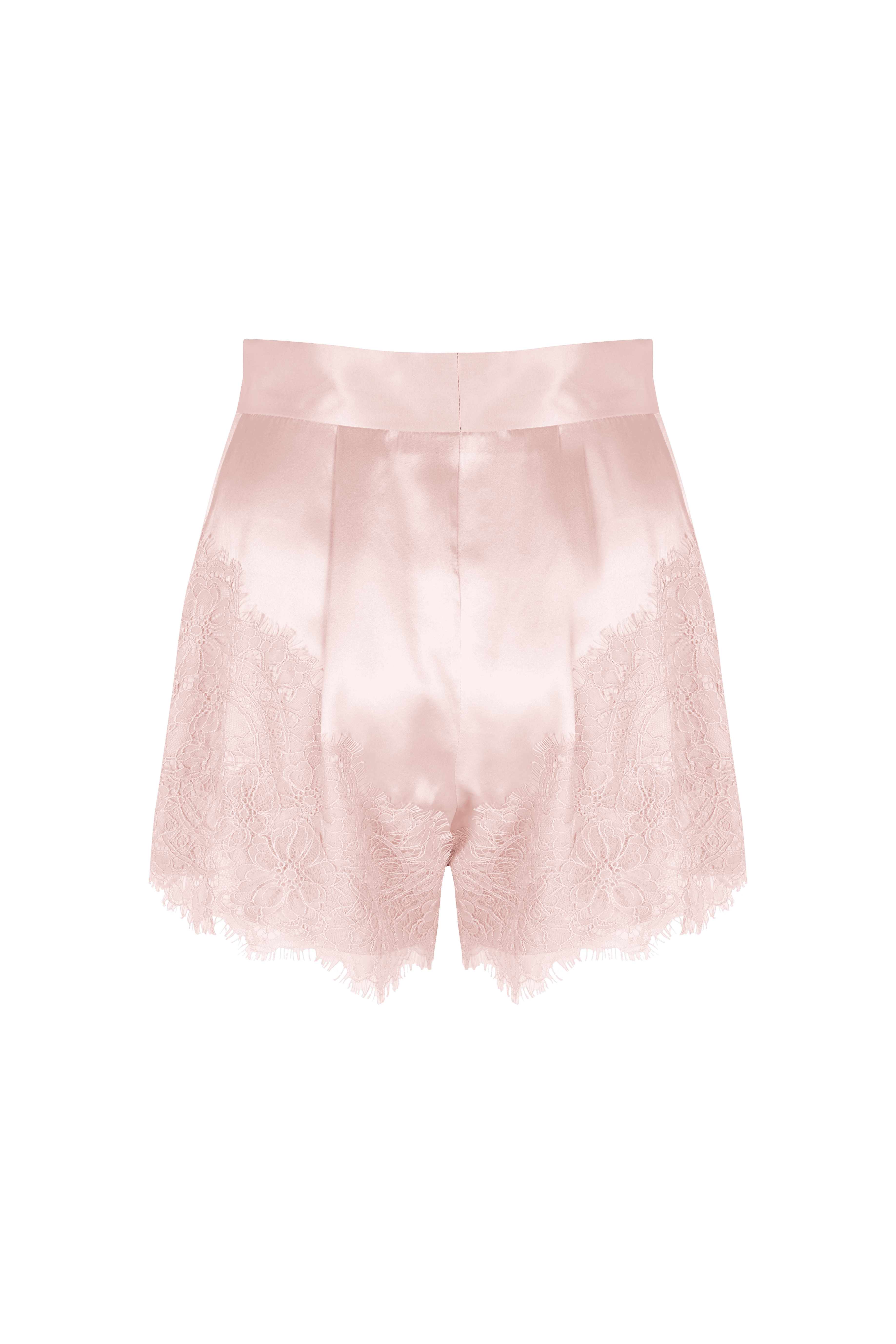 Short de satén rosa empolvado con delicados detalles de encaje floral en los laterales y el bajo