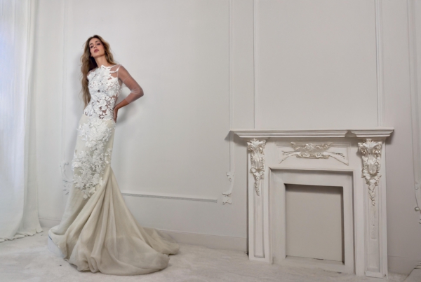 Vestido de novia moderno de alta costura con encaje, diseño exclusivo para novia contemporánea.