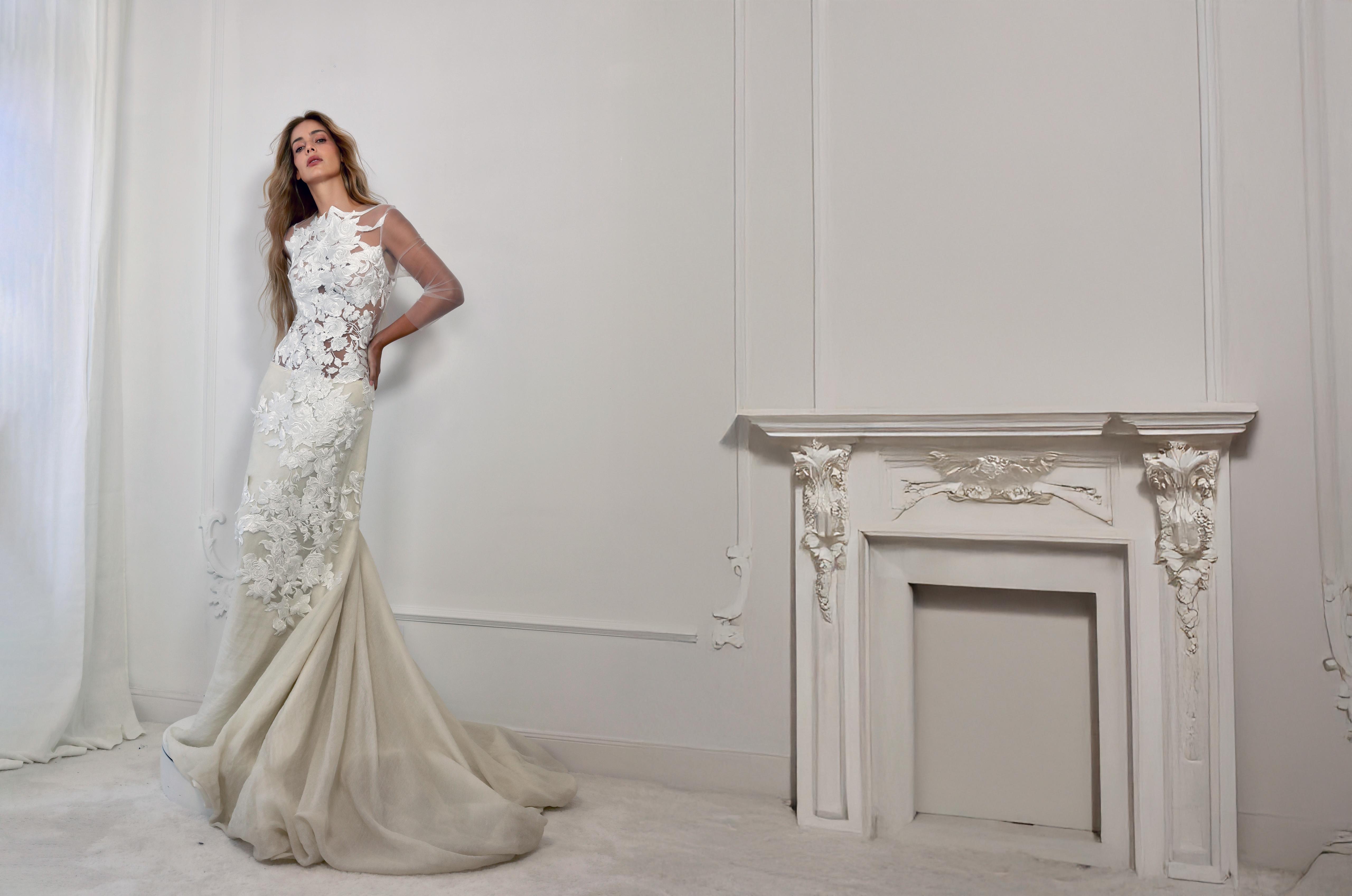 Modern haute couture wedding dress with lace, exclusive design for contemporary bride.
