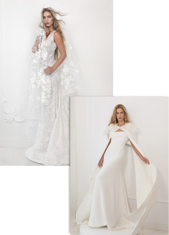 Composición con dos vestidos de novia de Malne fotografiados en estudio blanco