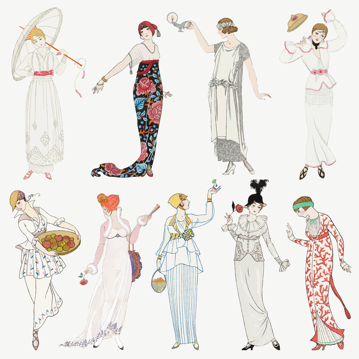 Ilustración de moda con diez mujeres vestidas con estilos vintage del siglo XX, mostrando una variedad de trajes, accesorios y poses elegantes y teatrales
