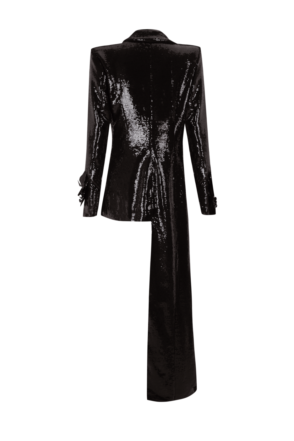 chaqueta negra de lentejuelas con solapa ancha y diseño asimétrico
