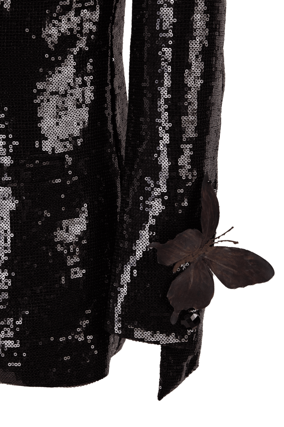 chaqueta negra de lentejuelas con solapa ancha y diseño asimétrico