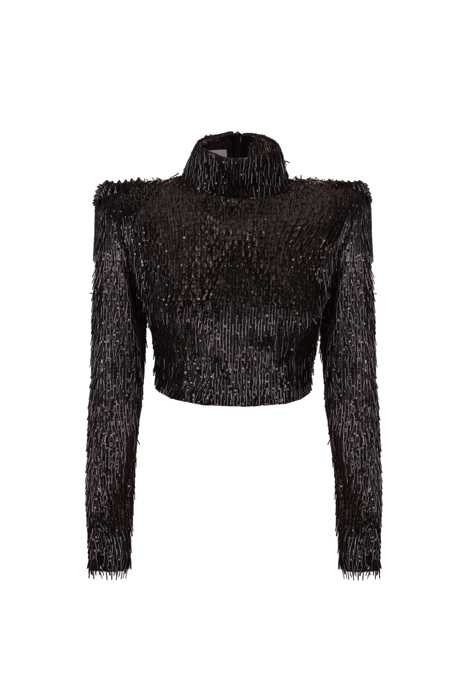 Top negro de manga larga con hombreras y cuello alto, cubierto de lentejuelas verticales brillantes.