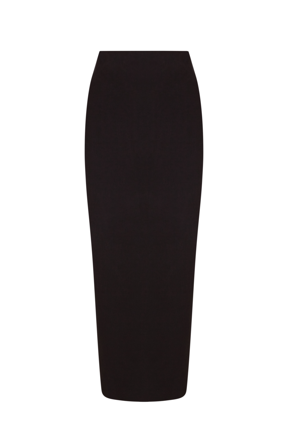 Black midi pencil skirt with a fitted cut and high waist.