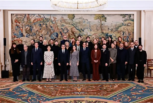 H.M. Queen Letizia with the designers of Mercedes-Benz Fashion Week Madrid, including the Malne team, during the audience at La Zarzuela Palace.