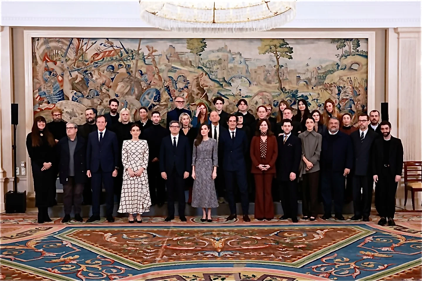 H.M. Queen Letizia with the designers of Mercedes-Benz Fashion Week Madrid, including the Malne team, during the audience at La Zarzuela Palace.