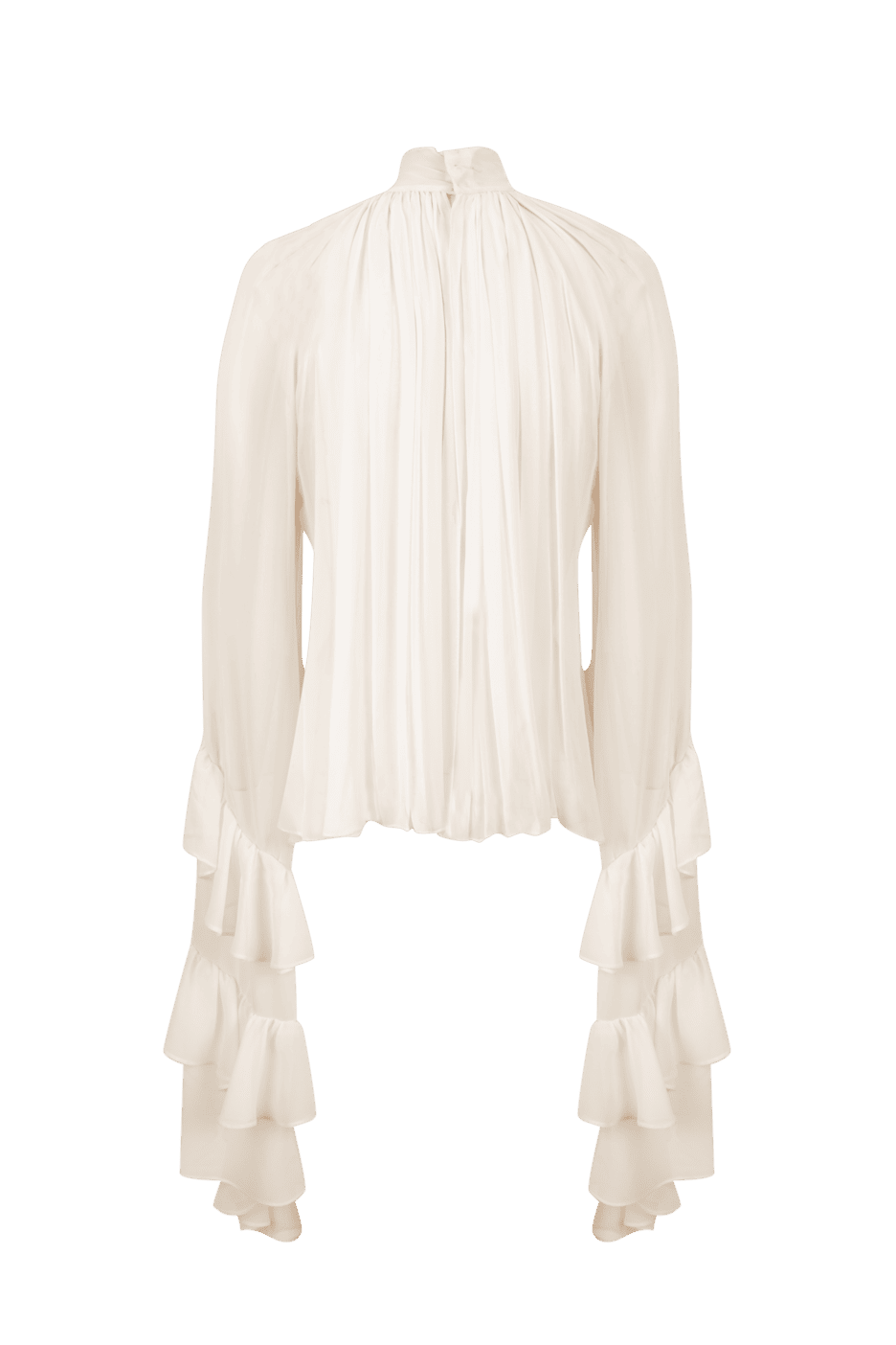 Back of an ivory blouse from Malne with a high gathered neck, pleated bodice and long sleeves finished with cascading ruffles.