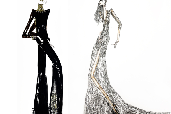 Creative process of a Malne dress in atelier in Madrid, sketches and handmade pattern making for designer fashion.