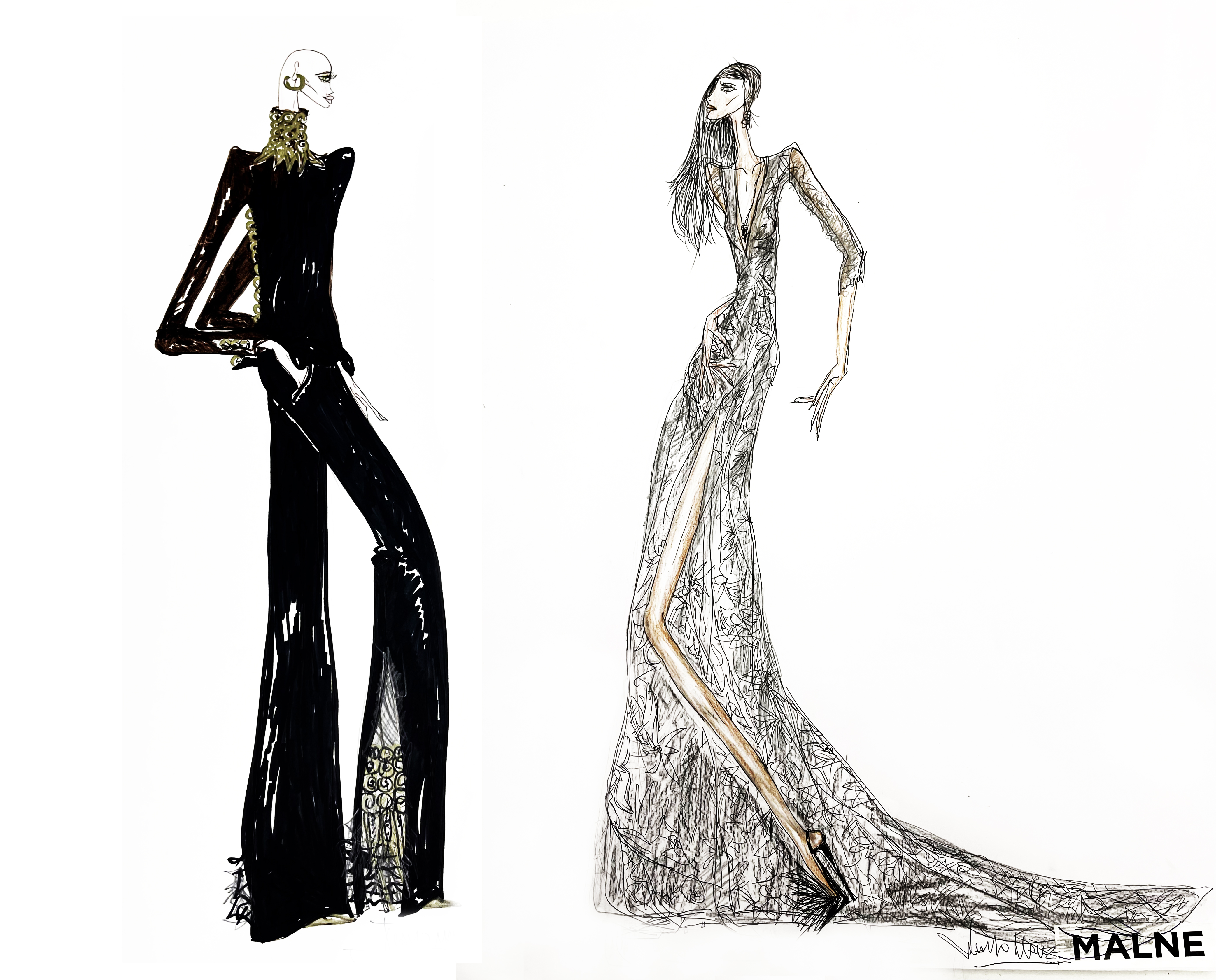 Proceso creativo de un vestido Malne en atelier de Madrid, bocetos y patronaje artesanal de moda de autor